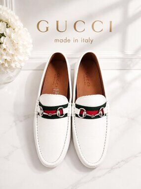 Authentic Gucci White Leather Horsebit Web Loafers Shoes